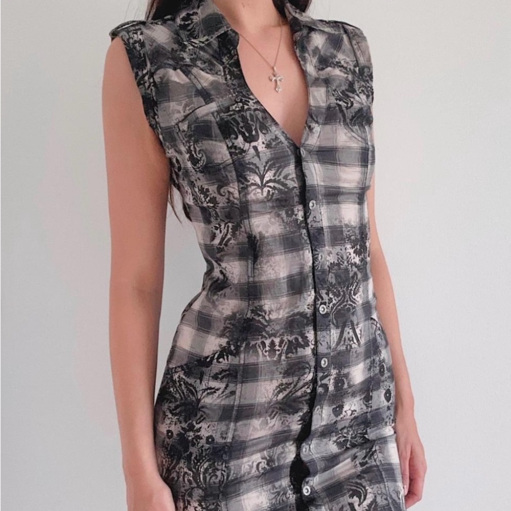 Guess Jeans Los Angeles Plaid Black and White Sleeves Dress, Size Small